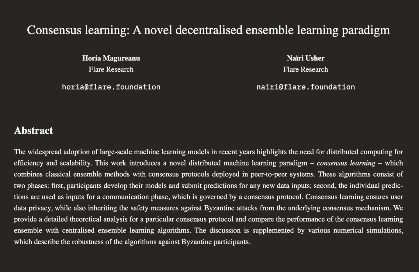 Screenshot of paper: "Consensus learning: A novel decentralised ensemble learning paradigm"